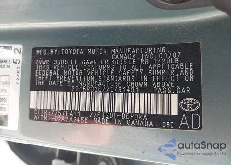 2007 Toyota Corolla Ce z USA, uszkodzony, nr VIN 2T1BR32E77C791491